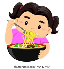 Vector Illustration of a Girl  eating noodles using fork