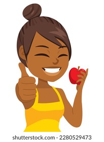 Ilustración vectorial de una niña comiendo manzana roja haciendo gesto de pulgar hacia arriba. Persona femenina sosteniendo un concepto de dieta saludable con frutas deliciosas