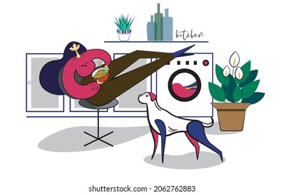 vector illustration of a girl eats pasta with Chinese chopsticks in the kitchen, where linen is washed in a washing machine, a dog is standing nearby, the interior of her favorite kitchen with flowers