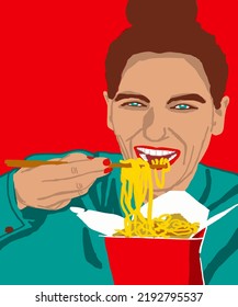 Vector illustration of girl eats pasta with cheese. Asian noodles with seafood or meat. Vector illustration of poster, advertisement, book, catalogue, brand, card. Advertisement for asian restaurant.