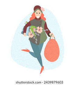 Vector illustration of a girl with eggs, bunny ears and flowers. Vector flat illustration on the theme of Easter. Christian Easter illustration of a happy girl.
