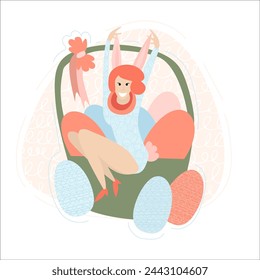 Vector illustration of a girl with eggs, bunny ears and flowers. Vector flat illustration on the theme of Easter. Christian Easter illustration of a happy girl.