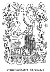 Vector illustration girl embraces of the rabbit a seated on the bench in the flowers. Work Made by hand. Book Coloring anti-stress for adults and children. Black and white.