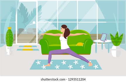Vector illustration The girl is engaged in yoga and calm down at home, in a cozy living room. Design of a modern room with furniture and accessories. Large window, glass door, exit to the courtyard