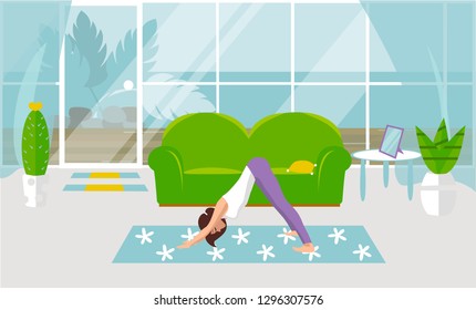 Vector illustration The girl is engaged in yoga in Adho mukha svanasana in a living room. Design of a modern room with furniture and accessories. Large window, glass door, exit to the courtyard