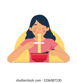 vector illustration a girl enjoy her ramen, young women close their eyes because they feel the pleasure of ramen noodles