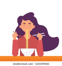 vector illustration a girl enjoying her ramen noodle with spoon and chopstick.