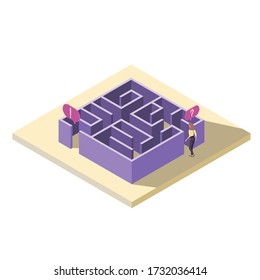 Vector illustration with a girl enters a 3d maze with a question, the answer is the exit.
