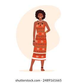 Vector illustration of a girl in an ethnic African costume. Cartoon scene of a girl with dark skin, curly hair, with bracelets on her hands, legs, necklaces on her neck isolated on a white background.