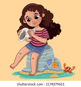 Vector illustration of a girl examining a large seashell in summer theme.