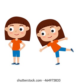 Vector illustration of girl in exercise pose isolated on white background. Cute kid for school books, picture books, magazines, web pages. 