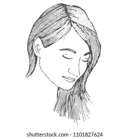 Vector illustration of a girl face with closed eyes dreaming, loose hair