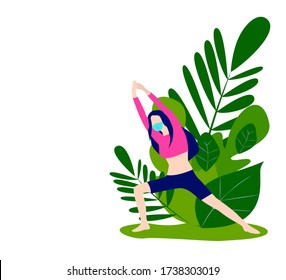 Vector illustration of a girl in face mask doing yoga or pilates exercise during quarantine. Green plants on background. Place for text. Home workout in pandemic.