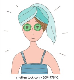 Vector illustration with girl with face pack and cucumbers on her eyes