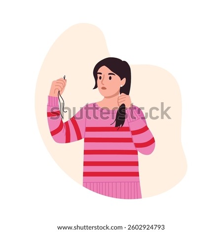 Vector illustration of a girl faced with the problem of hair loss. Cartoon scene of a surprised girl in a striped sweater, holding her fallen hair isolated on white background. Excessive hair loss.