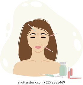 Vector illustration of a girl with facial injection syringes and drug bottles. Banner concept of cosmetology, aesthetic cosmetology, beauty, home care, beauty treatments at home.
