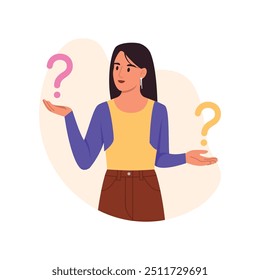 Vector illustration of a girl facing a choice.Cartoon scene of a girl thinking about a choice, with two question marks,wearing a t-shirt, skirt,earrings,with dark hair isolated on a white background.