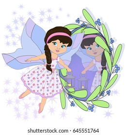 Vector illustration with girl fairy blowing butterflies who looks in the mirror. Can be used for baby fashion print design, kids wear, baby shower celebration, greeting and invitation card.
