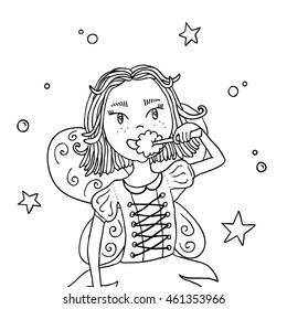 Vector illustration of girl in fairy costume. Brushing teeth. Elements for design on white background. Picture for coloring book.