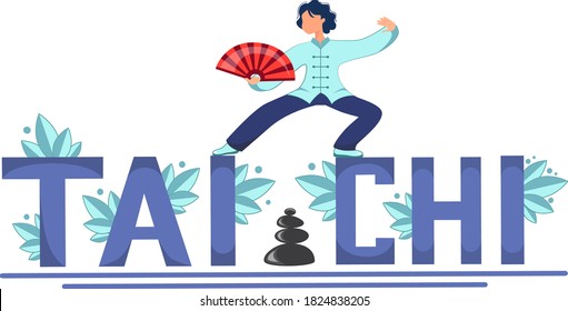 Vector illustration of a girl with a fan performs exercises tai chi and qigong