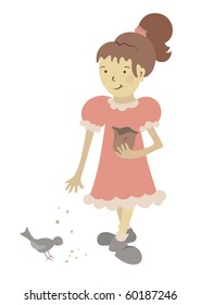 Vector illustration of a girl feeding a bird with crumbs, seeds