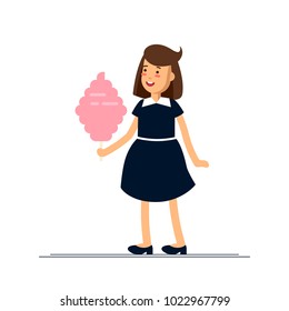 Vector Illustration of girl feeling happy and eat sweet cotton candy. Childhood time