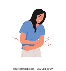 Vector illustration of a girl feeling pain in her stomach. Cartoon scene of a girl suffering, bending over from sharp pain in her stomach isolated on white background. Menstrual cramps. Chronic pain.