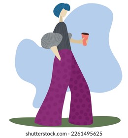Vector illustration of a girl or female student with coffee against white background. The concept of a young woman goes to the office in a modern style