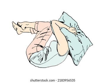  Vector Illustration Of A Girl In A Fetal Position Plugging Her Ears With A Pillow