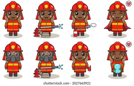 Vector illustration of Girl firefighters set. Good for icon, label, sticker, clipart.