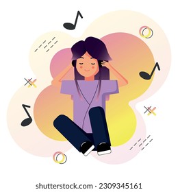 Vector illustration of a girl in flat style listening to music. Suitable for designing websites, applications, banners, advertising, etc.