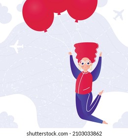 Vector illustration. girl flies on balloons. Flat colorful design for web, posts, posters.