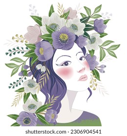 Vector illustration of a girl with floral headdress in spring for Wedding, anniversary, birthday and party. Design for banner, poster, card, invitation and scrapbook