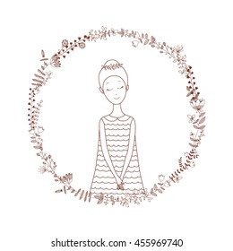 Vector illustration of a girl in a floral wreath on white background. Hand Drawn doodle.