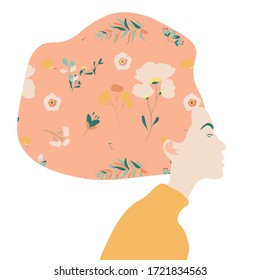 Vector illustration girl with flowers in hair, abstract flat.