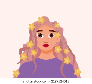 Vector illustration Girl with flowers in her hair. Cute girl with pink hair.