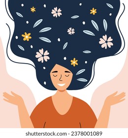 Ilustración vectorial de una chica con flores en el pelo. Concepto de salud mental. Psicología positiva y optimismo, emociones y sentimientos positivos, buen humor. Feliz mujer consciente. Imagen de estilo plano