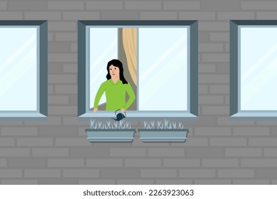 Vector illustration of a girl with flowers. An image of home decoration with flowers. Watering flowers near the house picture in a flat style. Vector illustration