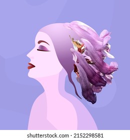 Imagen vectorial de una chica con flores en lugar de pelo. Perfil de mujer bello y elegante en tonos púrpura