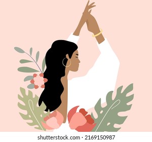 Vector illustration of a girl in flowers. Natural illustration in bed tones. A brunette in a white dress poses on a peach isolated background. Summer style concept. For a women's day card