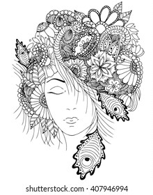 Vector illustration girl with flowers and zentangle snail on her head, in a flower frame, doodle, zenart. Fairy-tale characters. Coloring Anti stress.  Brown and white. 