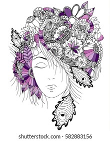 Vector illustration girl with flowers and zentangle snail on her head.