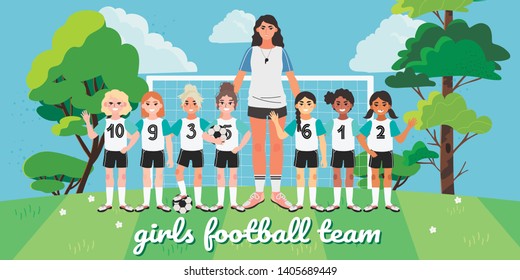 Vector Illustration Of A Girl Football Or Soccer Team. Football Field Picture With Children And Their Coach. Creative Banner, Flyer Or Landing Page For A Kids Football Team, Club Or Championship.