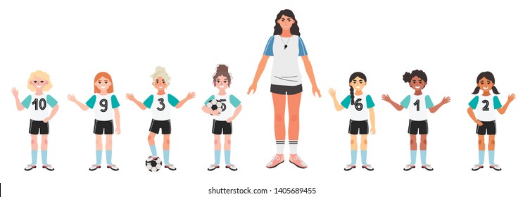 Vector Illustration Of A Girl Football Or Soccer Team With Their Coach Isolated On A White Background.