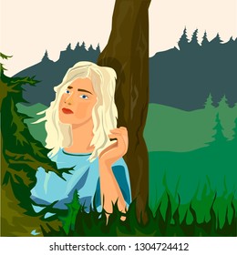 vector illustration of a girl in the forest