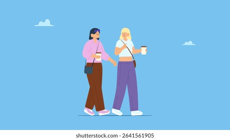 Vector illustration of girl friends walking and talking. Modern style young women strolling outdoors in casual fashion outfit, smiling and going on street together.