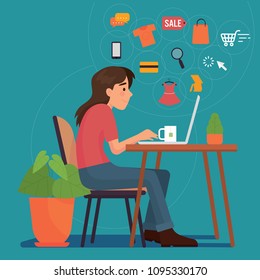 vector illustration of a girl in front oh her laptop. Girl shopping online in e commerce or online shop