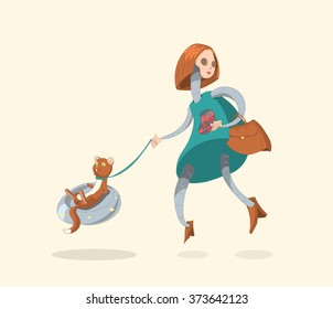 Vector illustration of a girl from the future. With flying pet, and a handbag.