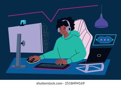 Vector illustration of girl gamer with headset playing computer video game with keyboard and mouse, laptop and pc. Flat cartoon style. Streaming, online gaming, esports, and tech setup themes