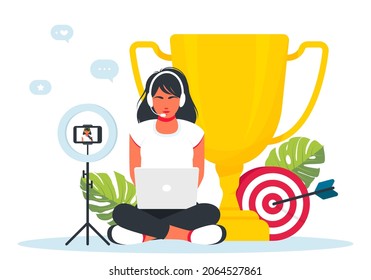 vector illustration Girl gamer sits at a laptop, playing a video game on the background of the cup. Cybersport. Professional esports tournament event, player at the computer. Woman Shooting Video Blog